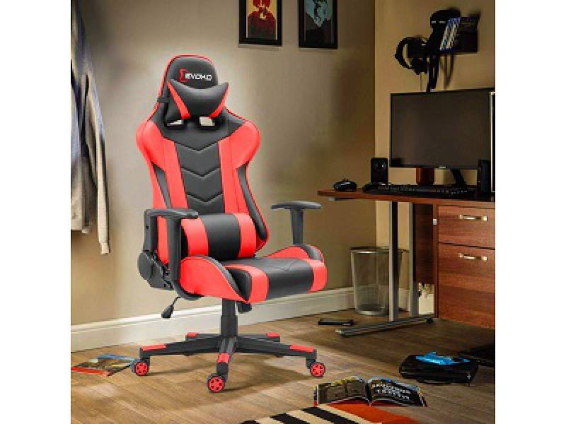 Silla Gaming con Reposapies Silla Escritorio Oficina Ergonómica Silla  Reposacabezas Soporte Lumbar Cuero PU Inclinación Reclinable Giratoria Rojo